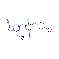 N#Cc1cc(Nc2nc(NC3CC3)c3ncc(C#N)n3n2)c(Cl)c(NC2CCN(C3COC3)CC2)c1 ZINC000169711964