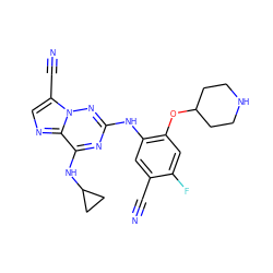 N#Cc1cc(Nc2nc(NC3CC3)c3ncc(C#N)n3n2)c(OC2CCNCC2)cc1F ZINC000169711969