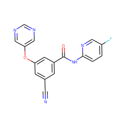 N#Cc1cc(Oc2cncnc2)cc(C(=O)Nc2ccc(F)cn2)c1 ZINC000096939175