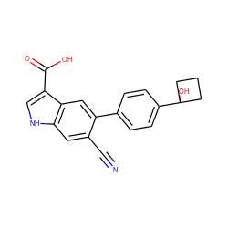 N#Cc1cc2[nH]cc(C(=O)O)c2cc1-c1ccc(C2(O)CCC2)cc1 ZINC000216007128