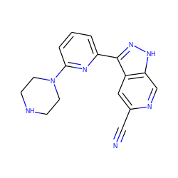 N#Cc1cc2c(-c3cccc(N4CCNCC4)n3)n[nH]c2cn1 ZINC000205260772