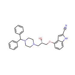 N#Cc1cc2c(OC[C@@H](O)CN3CCN(C(c4ccccc4)c4ccccc4)CC3)cccc2[nH]1 ZINC000095628824