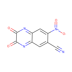 N#Cc1cc2c(cc1[N+](=O)[O-])=NC(=O)C(=O)N=2 ZINC000084403475