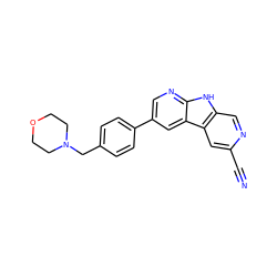 N#Cc1cc2c(cn1)[nH]c1ncc(-c3ccc(CN4CCOCC4)cc3)cc12 ZINC000139417314