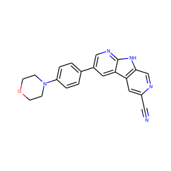 N#Cc1cc2c(cn1)[nH]c1ncc(-c3ccc(N4CCOCC4)cc3)cc12 ZINC000139424641