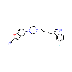 N#Cc1cc2cc(N3CCN(CCCCc4c[nH]c5ccc(F)cc45)CC3)ccc2o1 ZINC000013582486