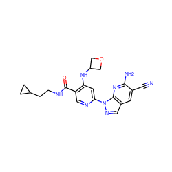 N#Cc1cc2cnn(-c3cc(NC4COC4)c(C(=O)NCCC4CC4)cn3)c2nc1N ZINC001772646409