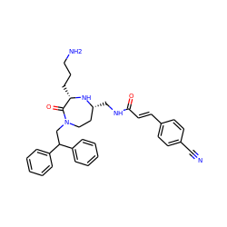 N#Cc1ccc(/C=C/C(=O)NC[C@@H]2CCN(CC(c3ccccc3)c3ccccc3)C(=O)[C@H](CCCN)N2)cc1 ZINC000118686727