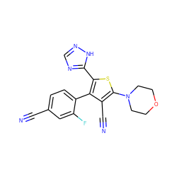 N#Cc1ccc(-c2c(-c3ncn[nH]3)sc(N3CCOCC3)c2C#N)c(F)c1 ZINC000084619044