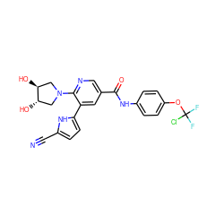 N#Cc1ccc(-c2cc(C(=O)Nc3ccc(OC(F)(F)Cl)cc3)cnc2N2C[C@H](O)[C@@H](O)C2)[nH]1 ZINC001772638104