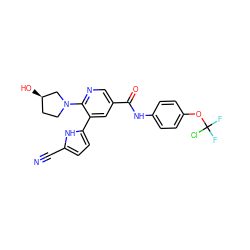 N#Cc1ccc(-c2cc(C(=O)Nc3ccc(OC(F)(F)Cl)cc3)cnc2N2CC[C@@H](O)C2)[nH]1 ZINC001772617330