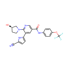 N#Cc1ccc(-c2cc(C(=O)Nc3ccc(OC(F)(F)F)cc3)cnc2N2CC[C@@H](O)C2)[nH]1 ZINC000224325646