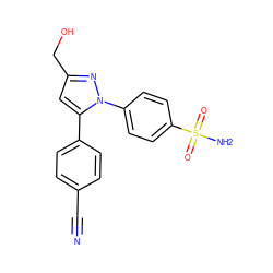 N#Cc1ccc(-c2cc(CO)nn2-c2ccc(S(N)(=O)=O)cc2)cc1 ZINC000095592864