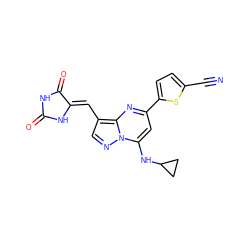 N#Cc1ccc(-c2cc(NC3CC3)n3ncc(/C=C4\NC(=O)NC4=O)c3n2)s1 ZINC000167538783