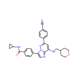 N#Cc1ccc(-c2cc(NCC3CCOCC3)c3ncc(-c4ccc(C(=O)NC5CC5)cc4)n3n2)cc1 ZINC000113138205