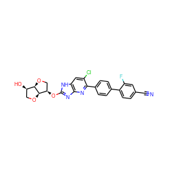 N#Cc1ccc(-c2ccc(-c3nc4nc(O[C@@H]5CO[C@@H]6[C@H](O)CO[C@H]56)[nH]c4cc3Cl)cc2)c(F)c1 ZINC000220840952