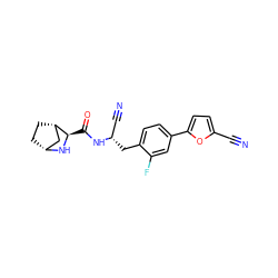 N#Cc1ccc(-c2ccc(C[C@@H](C#N)NC(=O)[C@H]3N[C@@H]4CC[C@H]3C4)c(F)c2)o1 ZINC000219318829