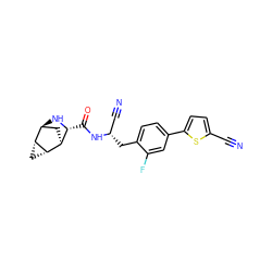 N#Cc1ccc(-c2ccc(C[C@@H](C#N)NC(=O)[C@H]3N[C@H]4C[C@@H]3[C@@H]3C[C@H]43)c(F)c2)s1 ZINC000219319482