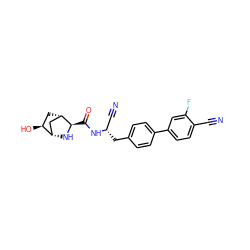 N#Cc1ccc(-c2ccc(C[C@@H](C#N)NC(=O)[C@H]3N[C@H]4C[C@@H]3C[C@@H]4O)cc2)cc1F ZINC000221932713