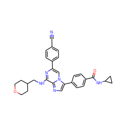 N#Cc1ccc(-c2cn3c(-c4ccc(C(=O)NC5CC5)cc4)cnc3c(NCC3CCOCC3)n2)cc1 ZINC000299862200