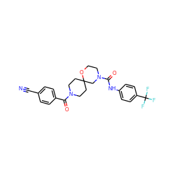 N#Cc1ccc(C(=O)N2CCC3(CC2)CN(C(=O)Nc2ccc(C(F)(F)F)cc2)CCO3)cc1 ZINC000103233568