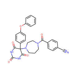 N#Cc1ccc(C(=O)N2CCCN(C3(c4ccc(Oc5ccccc5)cc4)C(=O)NC(=O)NC3=O)CC2)cc1 ZINC000072107024