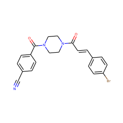 N#Cc1ccc(C(=O)N2CCN(C(=O)/C=C/c3ccc(Br)cc3)CC2)cc1 ZINC000215284090