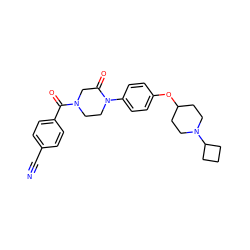 N#Cc1ccc(C(=O)N2CCN(c3ccc(OC4CCN(C5CCC5)CC4)cc3)C(=O)C2)cc1 ZINC000028870366