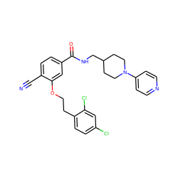 N#Cc1ccc(C(=O)NCC2CCN(c3ccncc3)CC2)cc1OCCc1ccc(Cl)cc1Cl ZINC000013643381