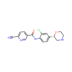 N#Cc1ccc(C(=O)Nc2ccc([C@H]3CNCCO3)cc2Cl)cn1 ZINC000149943955