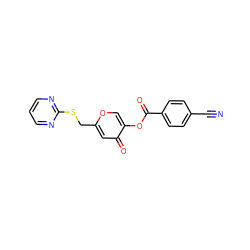 N#Cc1ccc(C(=O)Oc2coc(CSc3ncccn3)cc2=O)cc1 ZINC000095574931