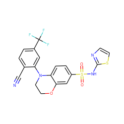 N#Cc1ccc(C(F)(F)F)cc1N1CCOc2cc(S(=O)(=O)Nc3nccs3)ccc21 ZINC000220242019