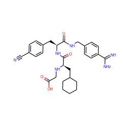 N#Cc1ccc(C[C@H](NC(=O)[C@@H](CC2CCCCC2)NCC(=O)O)C(=O)NCc2ccc(C(=N)N)cc2)cc1 ZINC000103258364