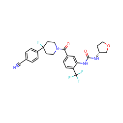 N#Cc1ccc(C2(F)CCN(C(=O)c3ccc(C(F)(F)F)c(NC(=O)N[C@@H]4CCOC4)c3)CC2)cc1 ZINC000150313479