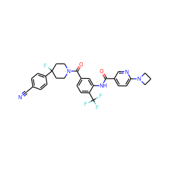 N#Cc1ccc(C2(F)CCN(C(=O)c3ccc(C(F)(F)F)c(NC(=O)c4ccc(N5CCC5)nc4)c3)CC2)cc1 ZINC000169708891