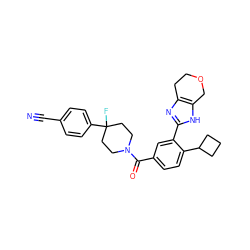 N#Cc1ccc(C2(F)CCN(C(=O)c3ccc(C4CCC4)c(-c4nc5c([nH]4)COCC5)c3)CC2)cc1 ZINC000150165510