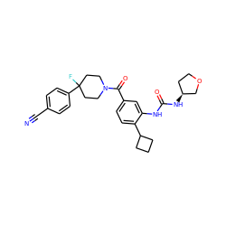 N#Cc1ccc(C2(F)CCN(C(=O)c3ccc(C4CCC4)c(NC(=O)N[C@H]4CCOC4)c3)CC2)cc1 ZINC000150196890