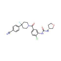 N#Cc1ccc(C2(F)CCN(C(=O)c3ccc(Cl)c(NC(=O)N[C@@H]4CCOC4)c3)CC2)cc1 ZINC000098185811