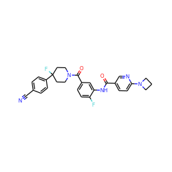 N#Cc1ccc(C2(F)CCN(C(=O)c3ccc(F)c(NC(=O)c4ccc(N5CCC5)nc4)c3)CC2)cc1 ZINC000098185302