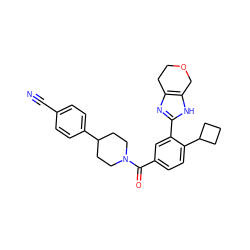 N#Cc1ccc(C2CCN(C(=O)c3ccc(C4CCC4)c(-c4nc5c([nH]4)COCC5)c3)CC2)cc1 ZINC000150014499