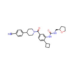 N#Cc1ccc(C2CCN(C(=O)c3ccc(C4CCC4)c(NC(=O)NC[C@H]4CCCO4)c3)CC2)cc1 ZINC000149360481