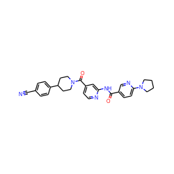 N#Cc1ccc(C2CCN(C(=O)c3ccnc(NC(=O)c4ccc(N5CCCC5)nc4)c3)CC2)cc1 ZINC000149986221