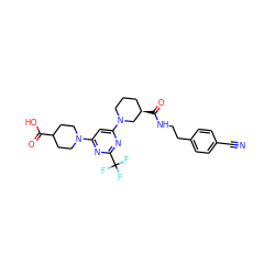 N#Cc1ccc(CCNC(=O)[C@@H]2CCCN(c3cc(N4CCC(C(=O)O)CC4)nc(C(F)(F)F)n3)C2)cc1 ZINC000169310250