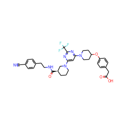 N#Cc1ccc(CCNC(=O)[C@@H]2CCCN(c3cc(N4CCC(Oc5ccc(CC(=O)O)cc5)CC4)nc(C(F)(F)F)n3)C2)cc1 ZINC000169310256