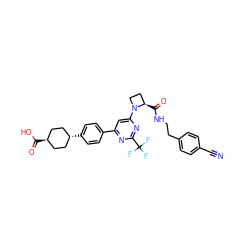 N#Cc1ccc(CCNC(=O)[C@@H]2CCN2c2cc(-c3ccc([C@H]4CC[C@H](C(=O)O)CC4)cc3)nc(C(F)(F)F)n2)cc1 ZINC000261088800