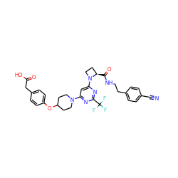 N#Cc1ccc(CCNC(=O)[C@@H]2CCN2c2cc(N3CCC(Oc4ccc(CC(=O)O)cc4)CC3)nc(C(F)(F)F)n2)cc1 ZINC000169310258