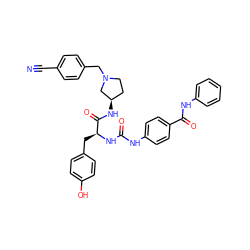 N#Cc1ccc(CN2CC[C@@H](NC(=O)[C@H](Cc3ccc(O)cc3)NC(=O)Nc3ccc(C(=O)Nc4ccccc4)cc3)C2)cc1 ZINC000042834904