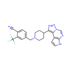 N#Cc1ccc(CN2CCC(c3nnn4cnc5[nH]ccc5c34)CC2)cc1C(F)(F)F ZINC001772614855