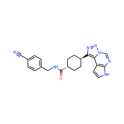 N#Cc1ccc(CNC(=O)[C@H]2CC[C@H](c3nnn4cnc5[nH]ccc5c34)CC2)cc1 ZINC001772580954