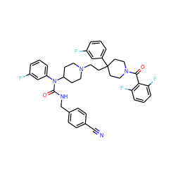 N#Cc1ccc(CNC(=O)N(c2cccc(F)c2)C2CCN(CCC3(c4cccc(F)c4)CCN(C(=O)c4c(F)cccc4F)CC3)CC2)cc1 ZINC000072149427